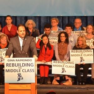 Michael F. Sabitoni, President of the Rhode Island Building and Construction Trades Council stumps for Gov. Gina Raimondo in May 2014. (Photo Tracey C. O'Neill)