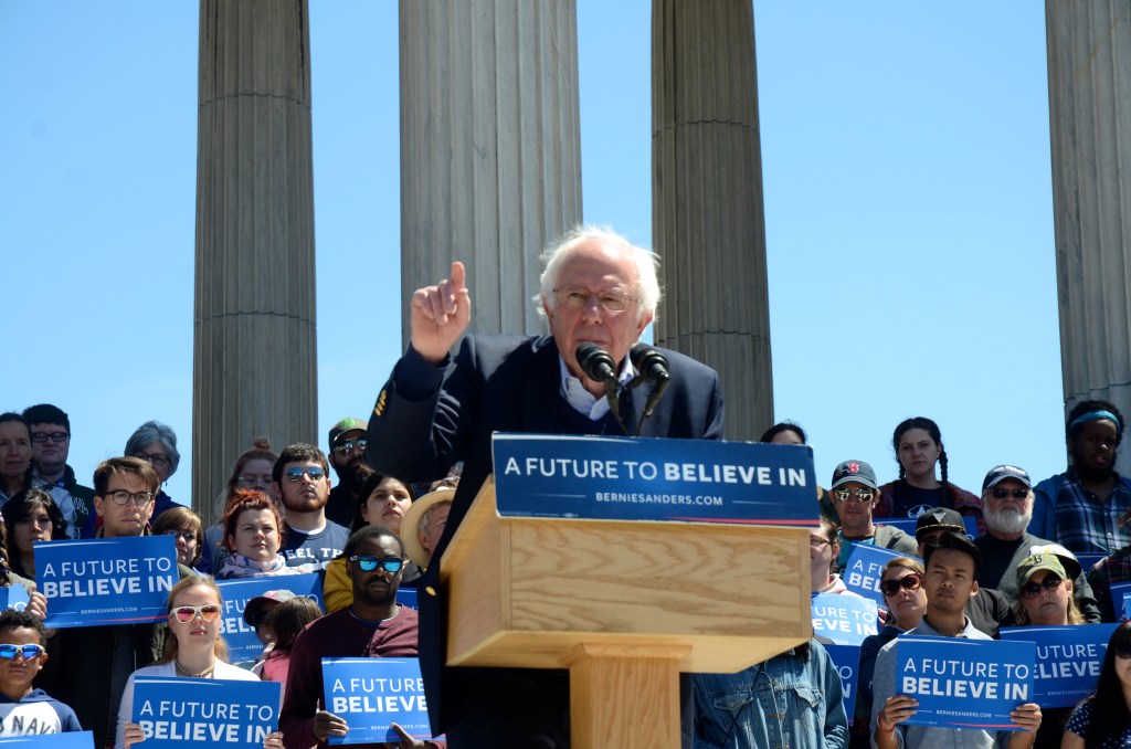 Democratic Presidential Candidate U.S. Sen. Bernie Sanders encourages a crowd of more than 7,000 supporters in Providence, RI to participate in Democracy, on April 24, 2016. Photo Tracey C. O'Neill